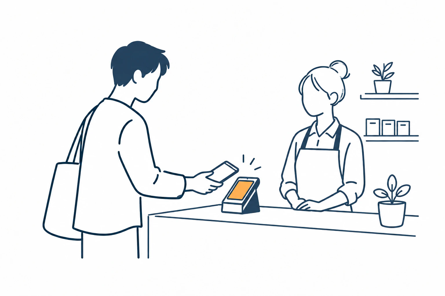 黑髮顧客與留白髮型店員以手機完成付款的簡筆插圖