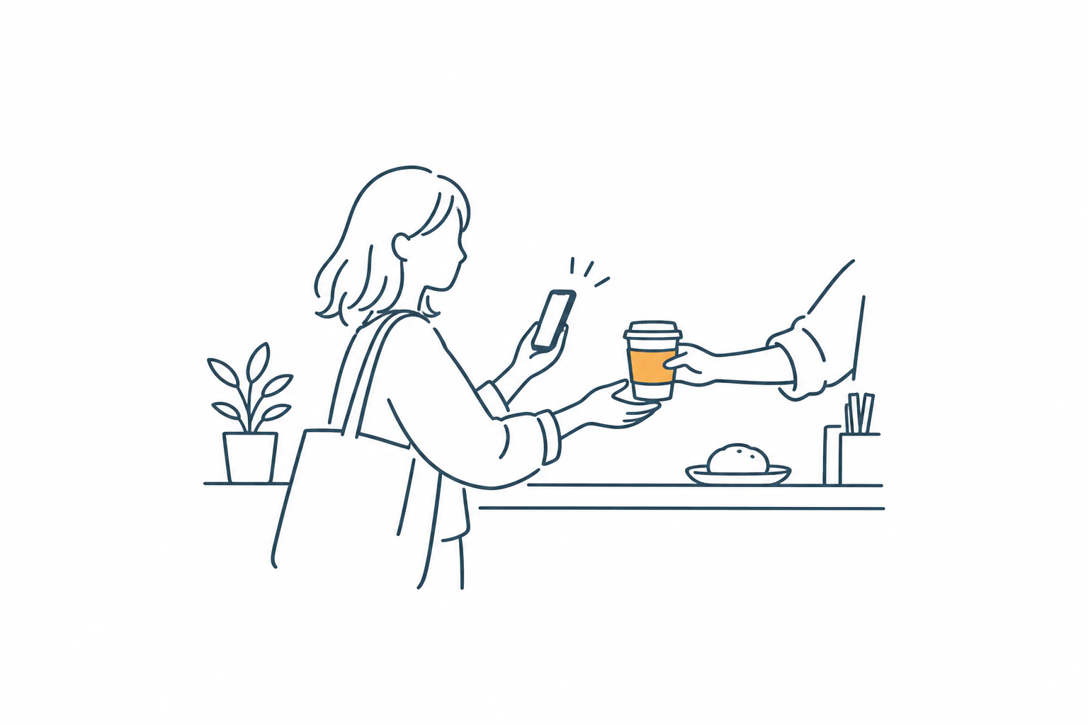 消費者查看手機優惠並在餐飲櫃台領取飲品的簡筆插圖